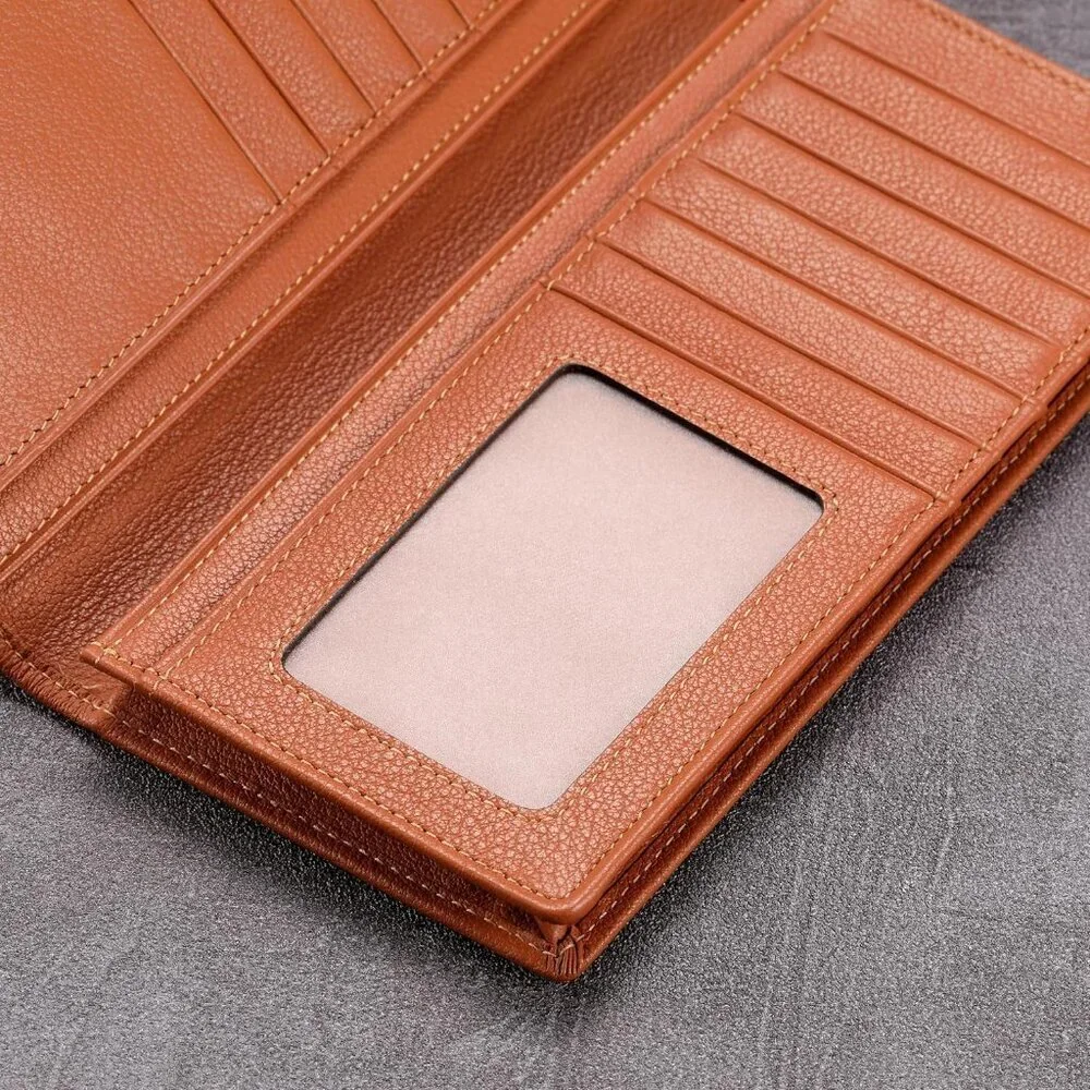 Men's Dark Tan Full Grain Leather Long Bifold Wallet Credit Card Slots Style